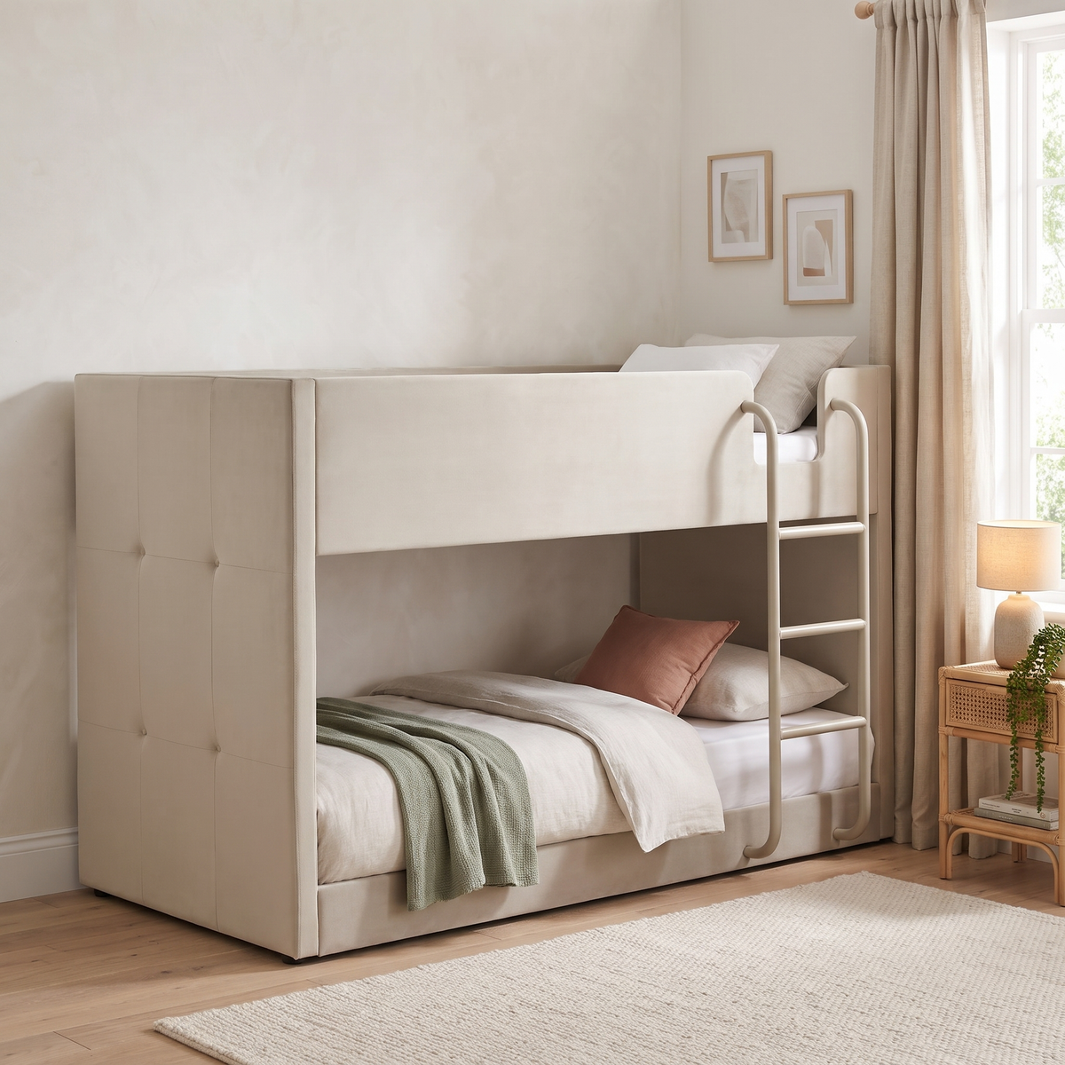 Hadleigh velvet low bunk bed in taupe, angled view in a warm neutral children's bedroom