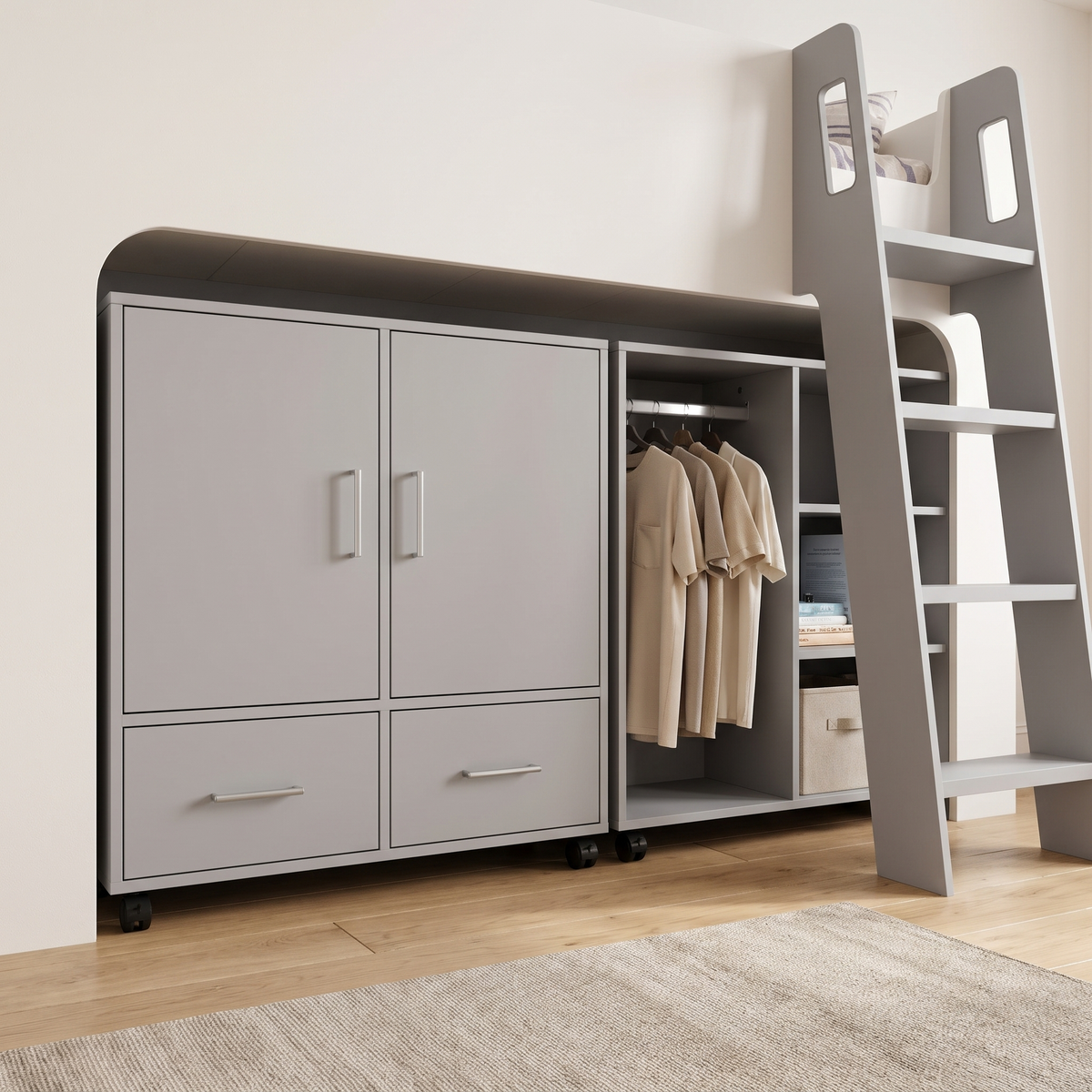 Close-up of the mid grey cupboard with drawers and the open hanging unit on castors