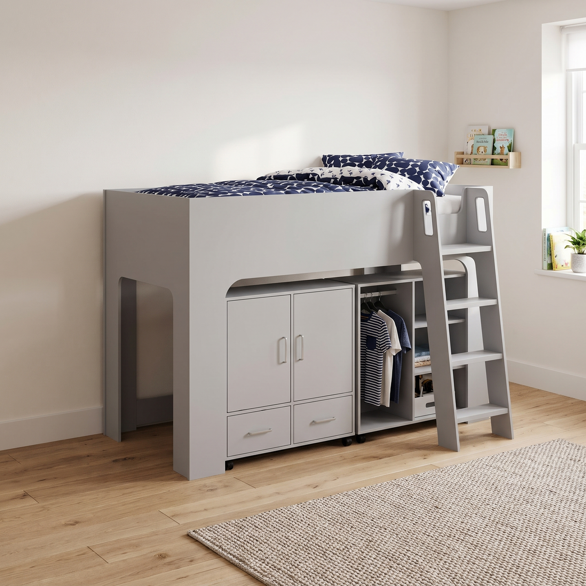 Ullswater mid sleeper bed in mid grey with the cupboard and open hanging unit underneath, angled view