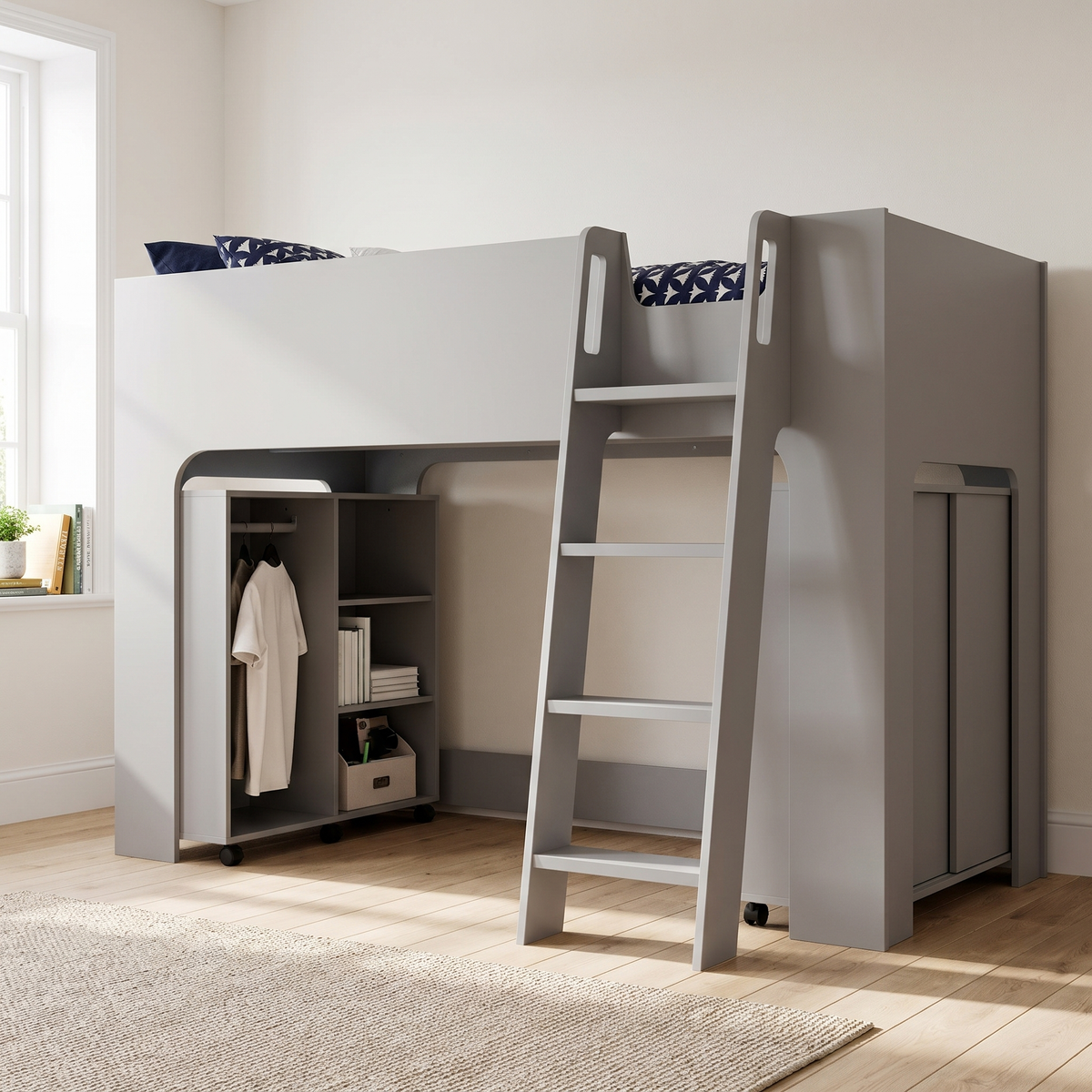 Ullswater mid sleeper bed in mid grey from the ladder side, with the open hanging unit at one end