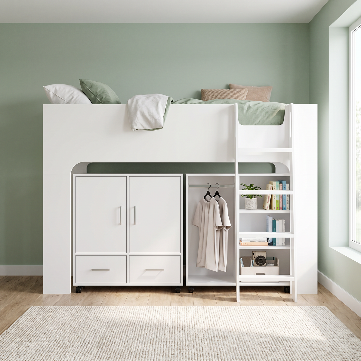 Ullswater mid sleeper bed in white, front view with the cupboard, drawers and hanging rail under the bed