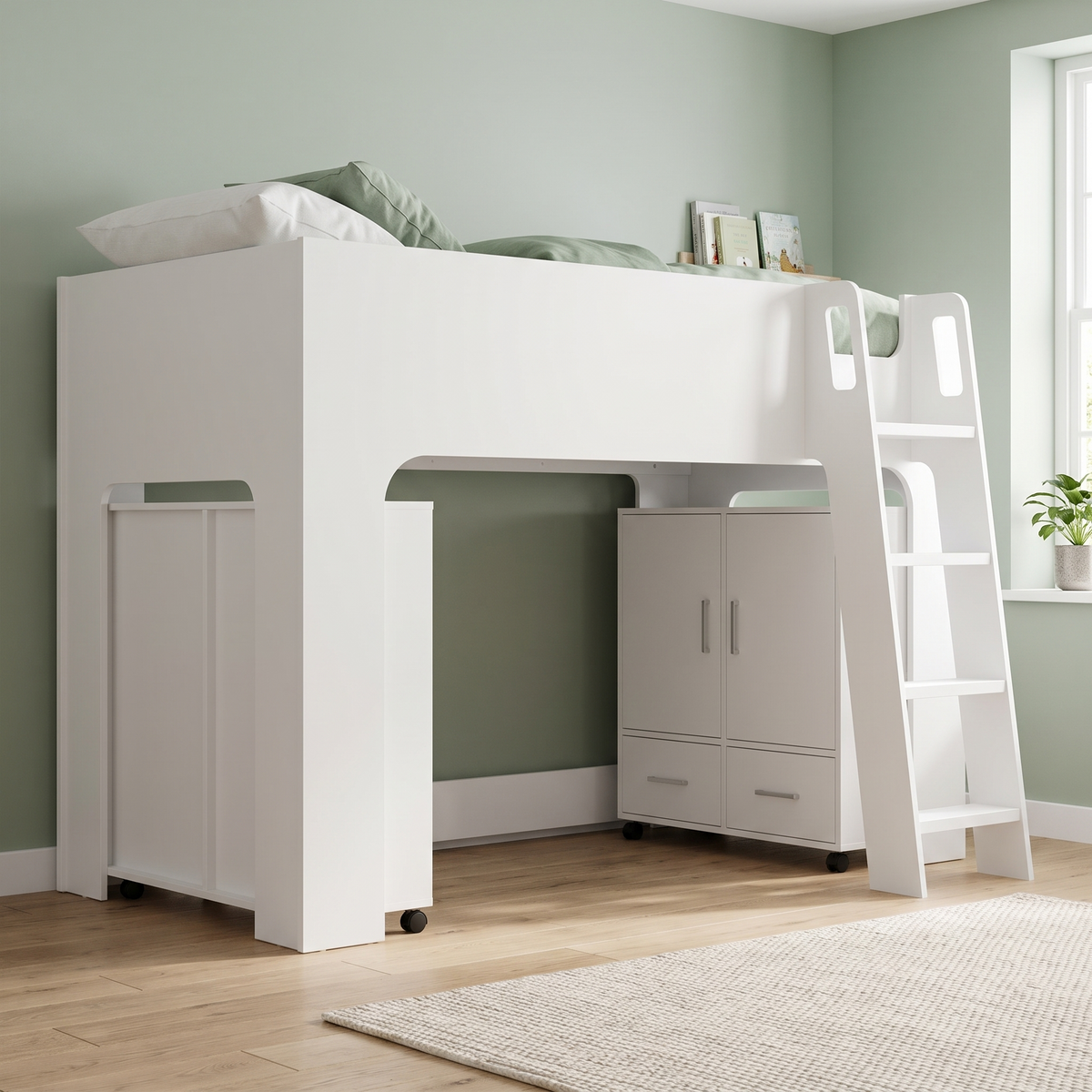 Ullswater mid sleeper bed in white with the cupboard on castors rolled out from under the bed