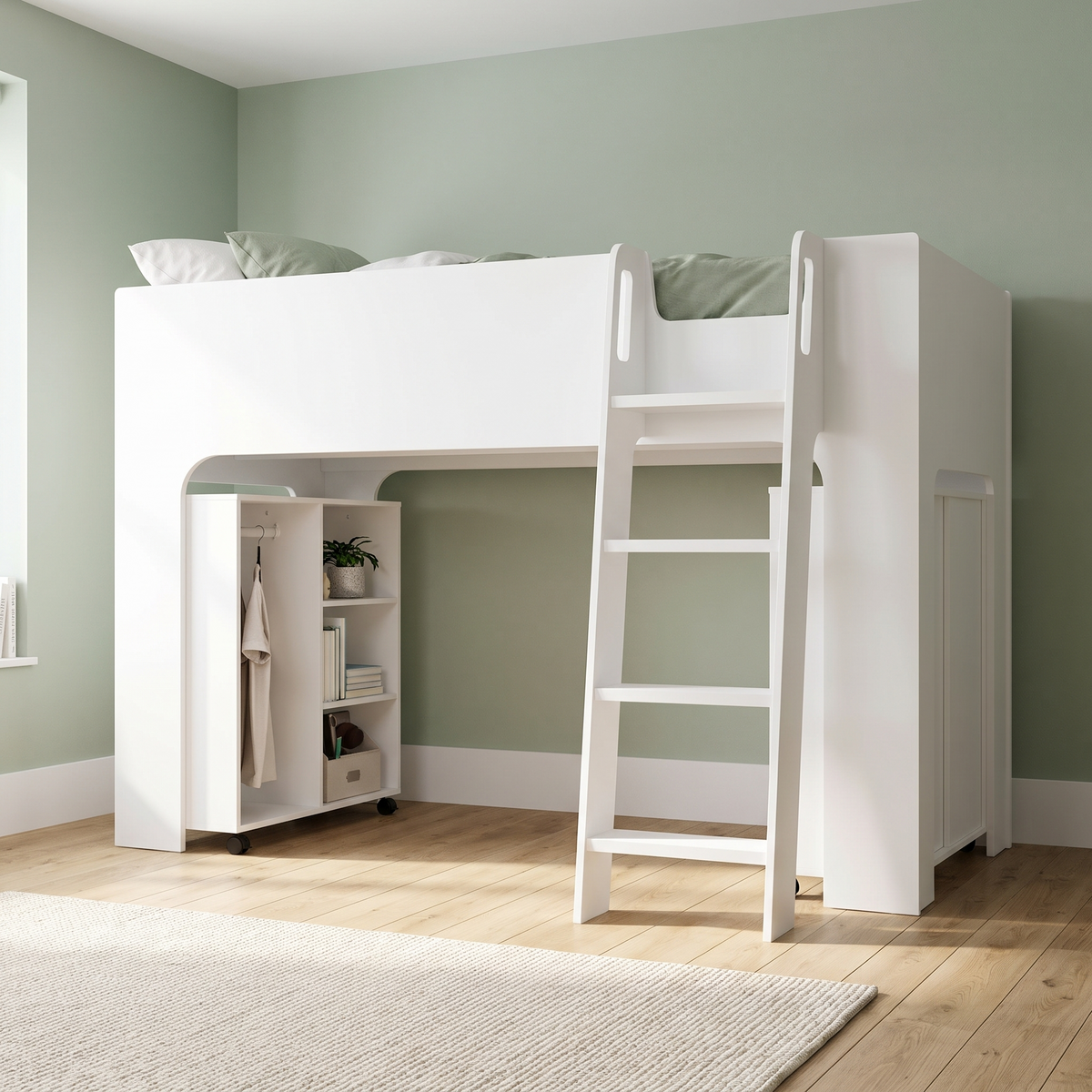 Ullswater mid sleeper bed in white from the ladder side, with the open hanging unit at one end