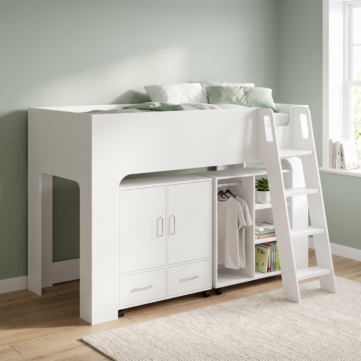 Ullswater mid sleeper bed in white with the cupboard and open hanging unit underneath, angled view