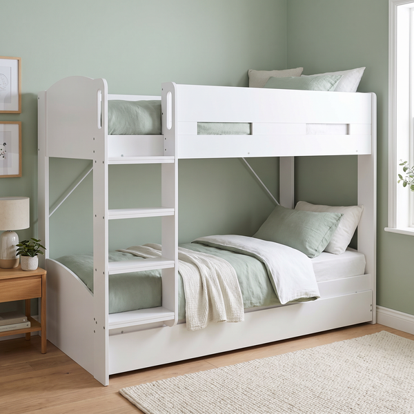 Ripley bunk bed in white with the trundle closed under the bottom bunk