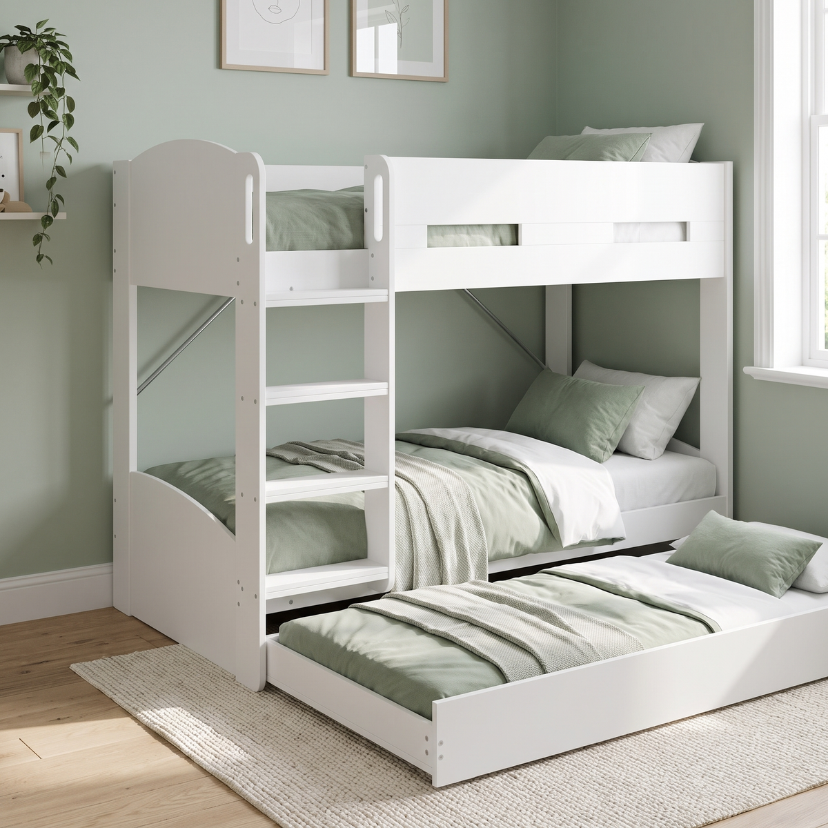 Ripley bunk bed in white with the trundle pulled out as a third bed