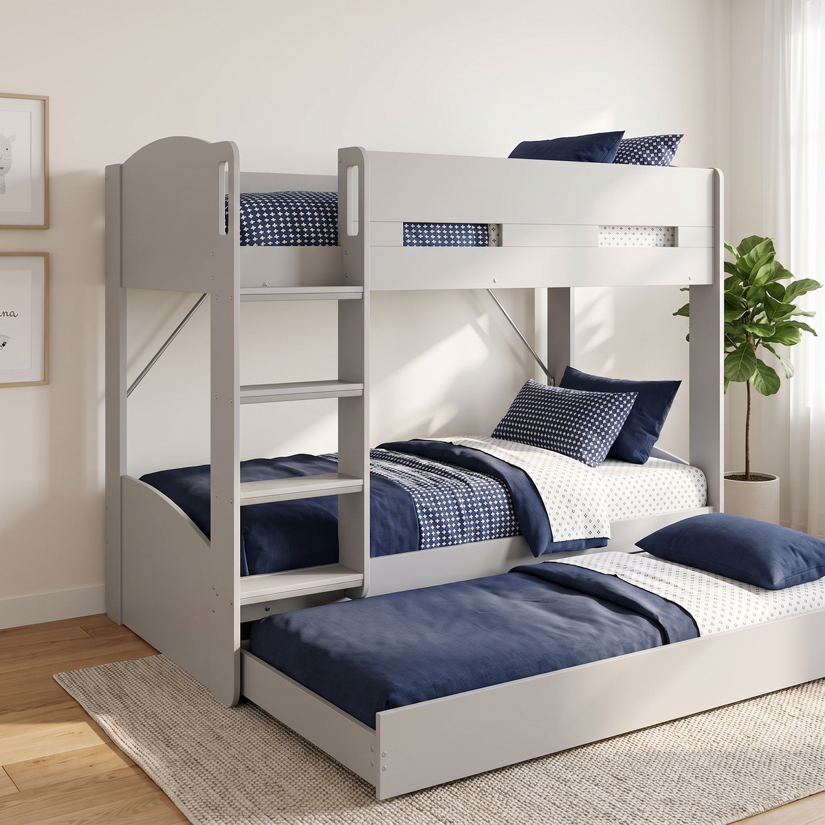 Ripley bunk bed in grey with the trundle pulled out as a third bed
