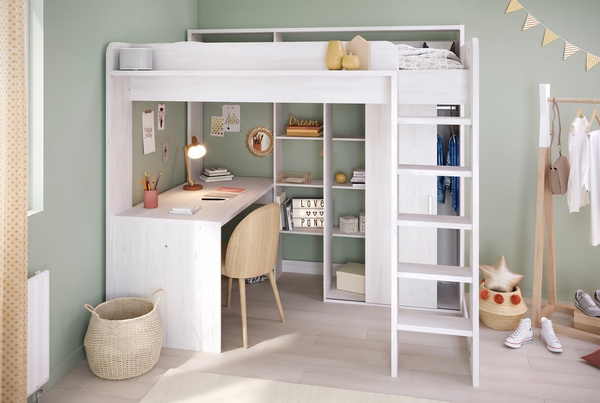 Berkeley high sleeper in whitewashed wood with the desk, 2 x 4 shelving and wardrobe underneath