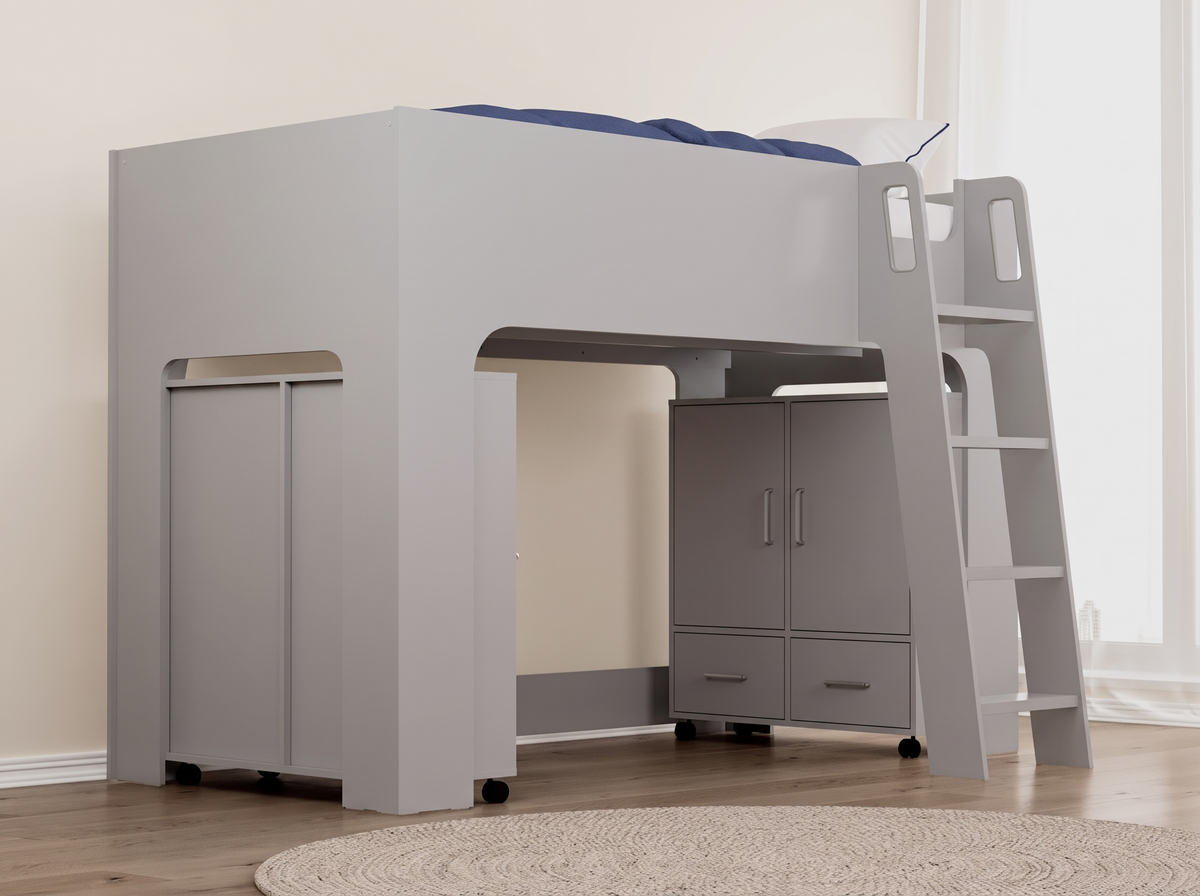 Ullswater mid sleeper bed in mid grey with the cupboard on castors rolled out from under the bed