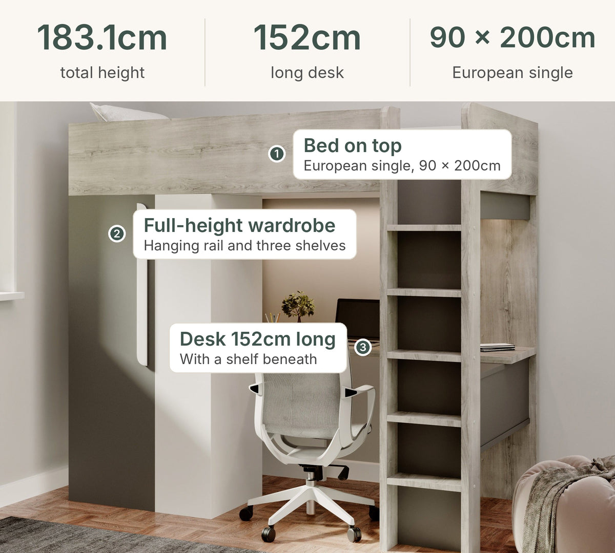 Highgate high sleeper sizes: 183.1cm high, 152cm long desk, European single 90 x 200cm, with the bed, full-height wardrobe and desk labelled