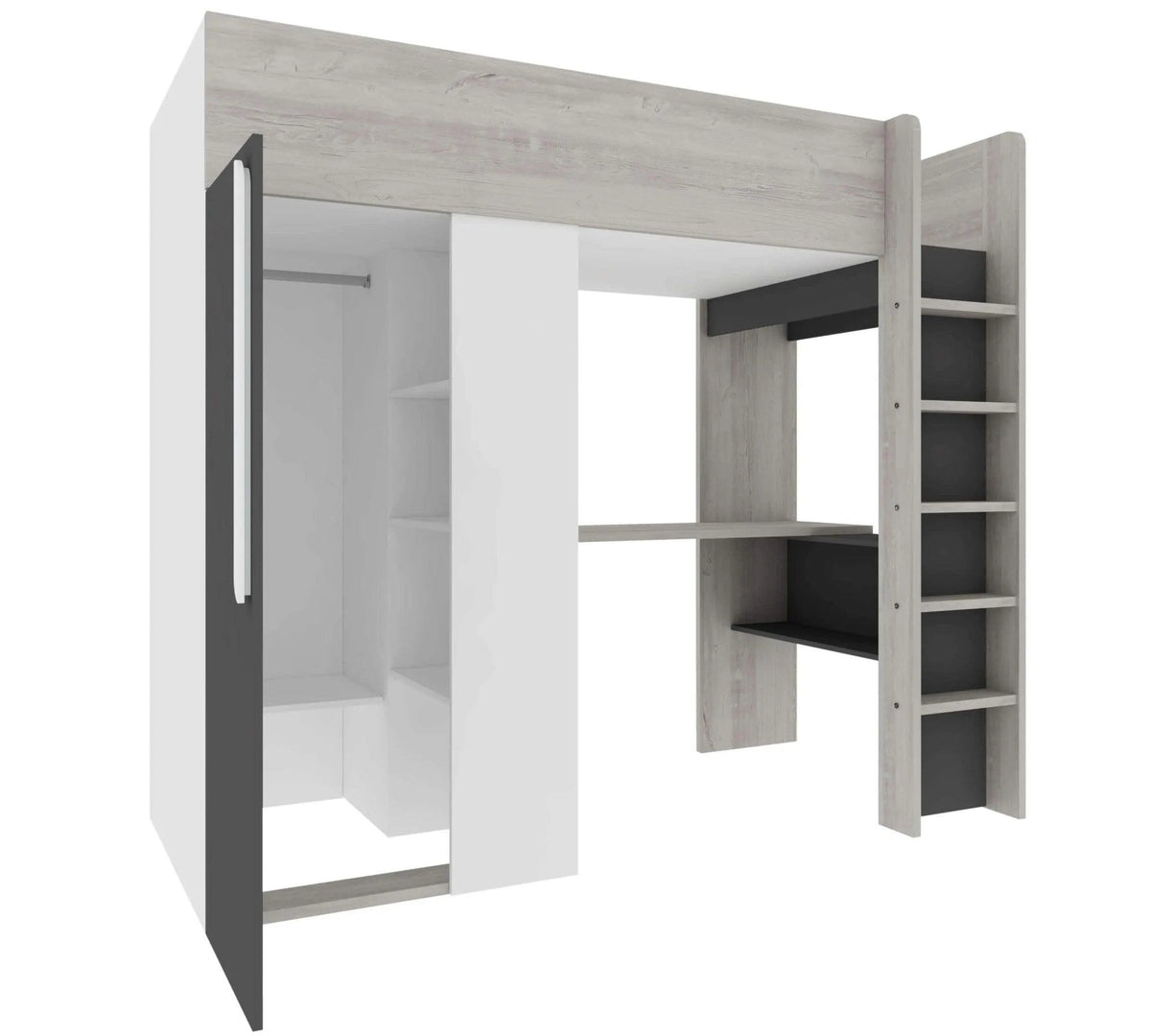 Highgate high sleeper on a white background with the wardrobe door open