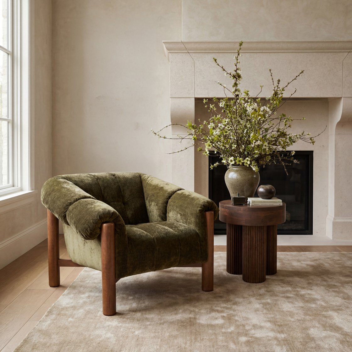 Holborn velour chenille armchair with wooden legs