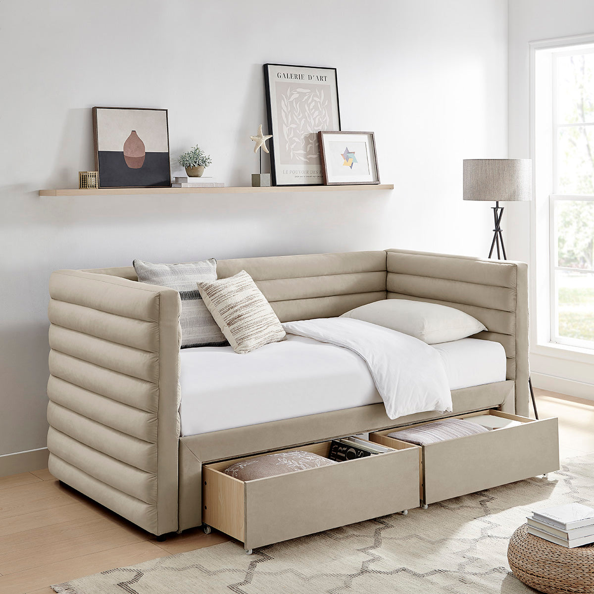 Elowen Velvet Daybed with Two Storage Drawers in Taupe – product view 11