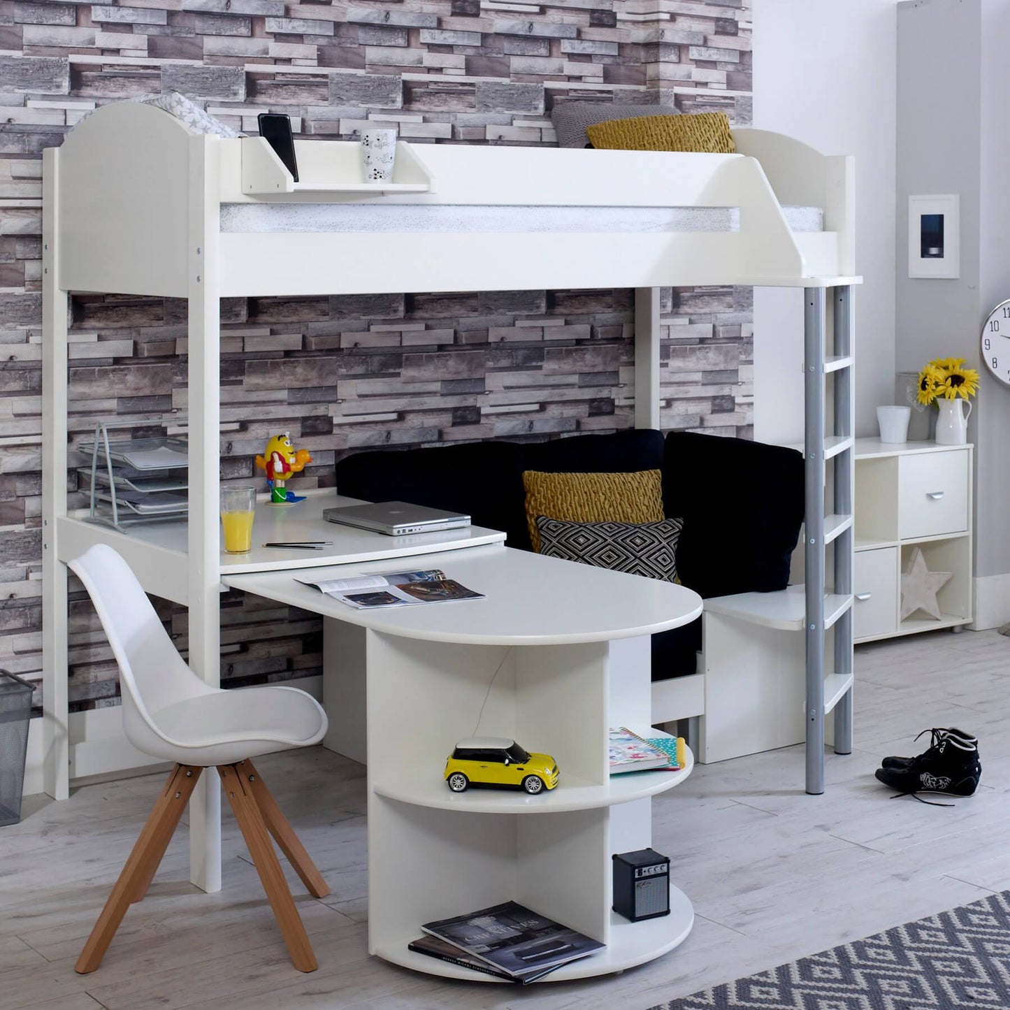 Noah High Sleeper Loft Bed with Chair Bed, Desk & Bookshelf - Millie & Jones