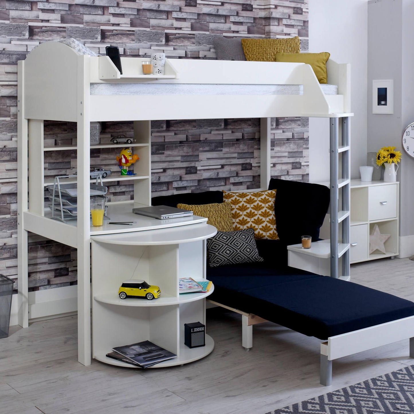 Noah High Sleeper Loft Bed with Chair Bed, Desk & Bookshelf - Millie & Jones