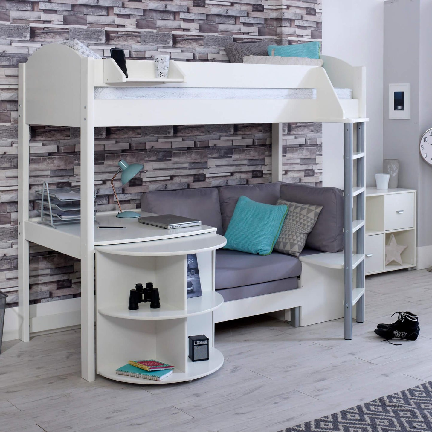 Noah High Sleeper Loft Bed with Chair Bed, Desk & Bookshelf - Millie & Jones