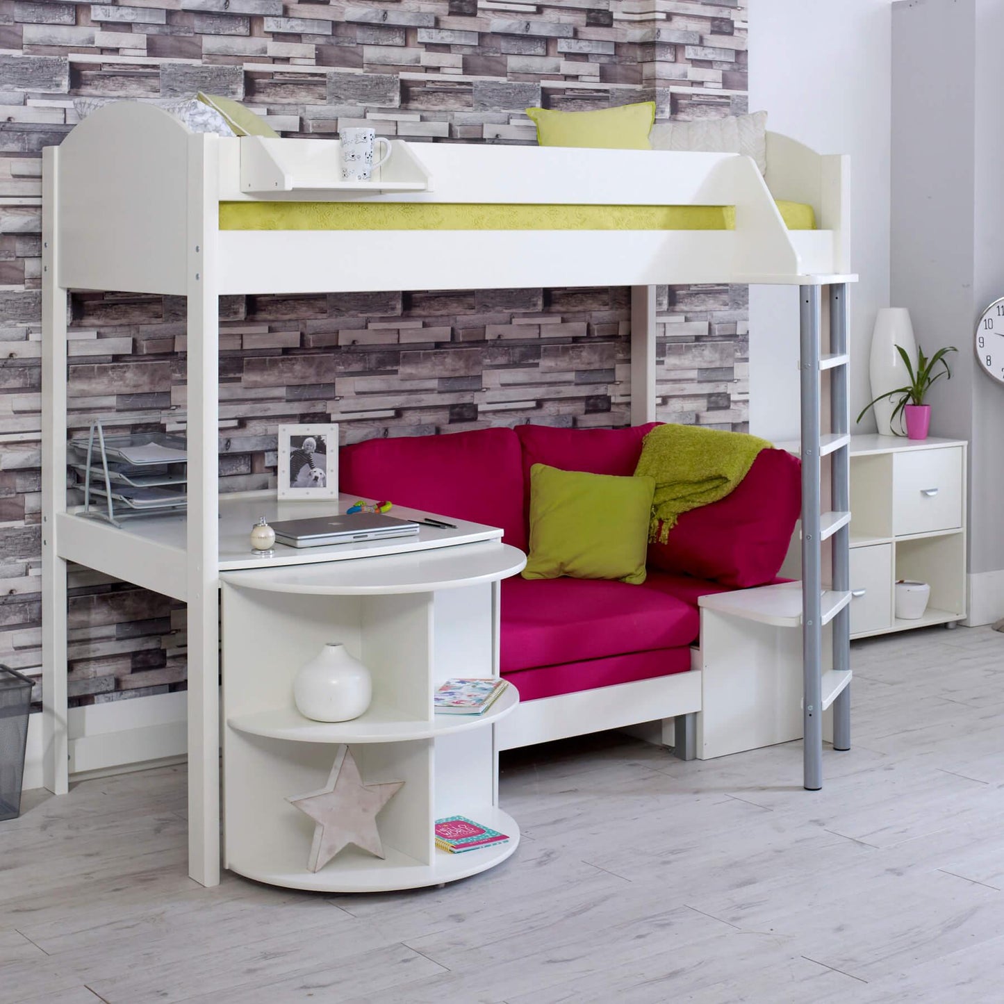 Noah High Sleeper Loft Bed with Chair Bed, Desk & Bookshelf - Millie & Jones