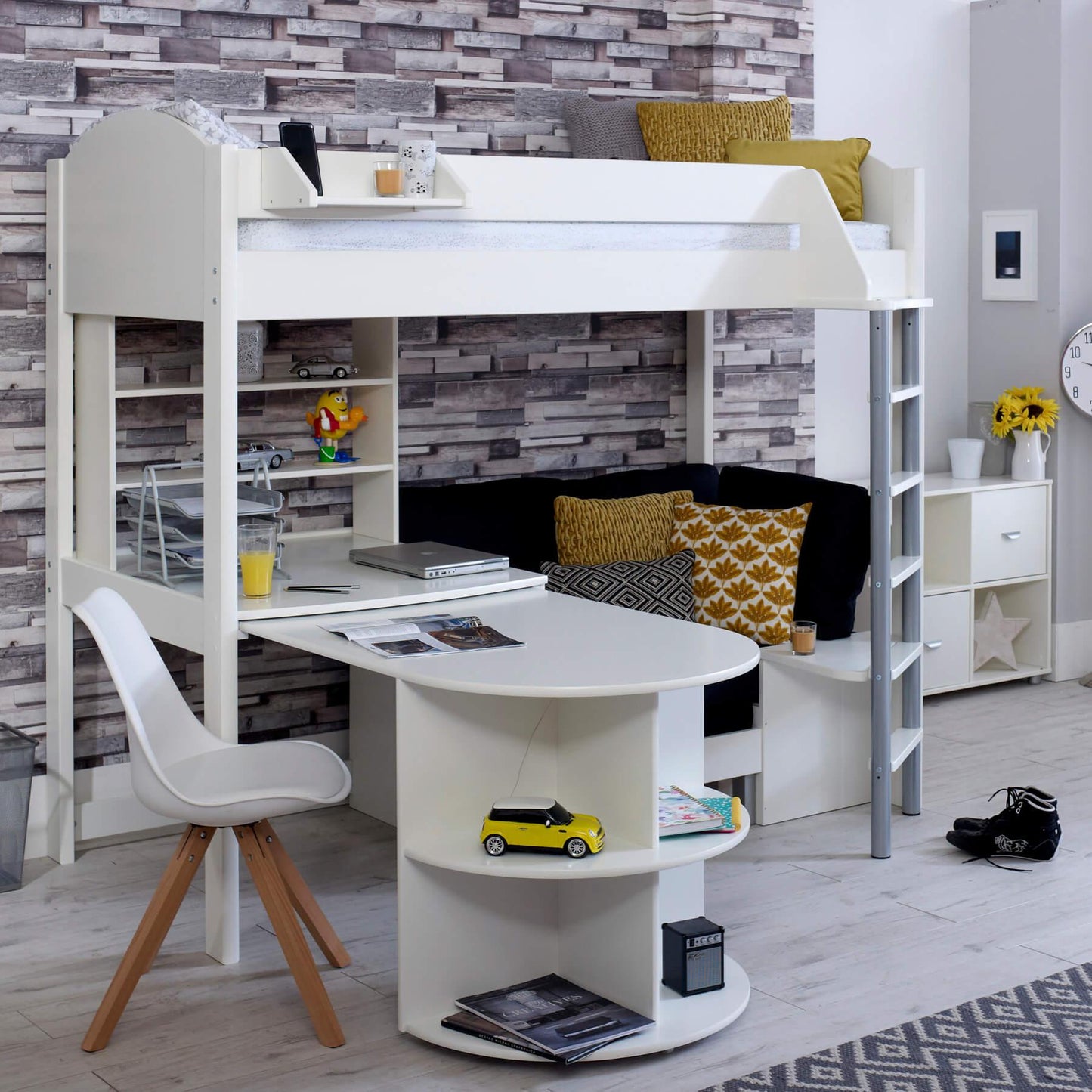 Noah High Sleeper Loft Bed with Chair Bed, Desk & Bookshelf - Millie & Jones