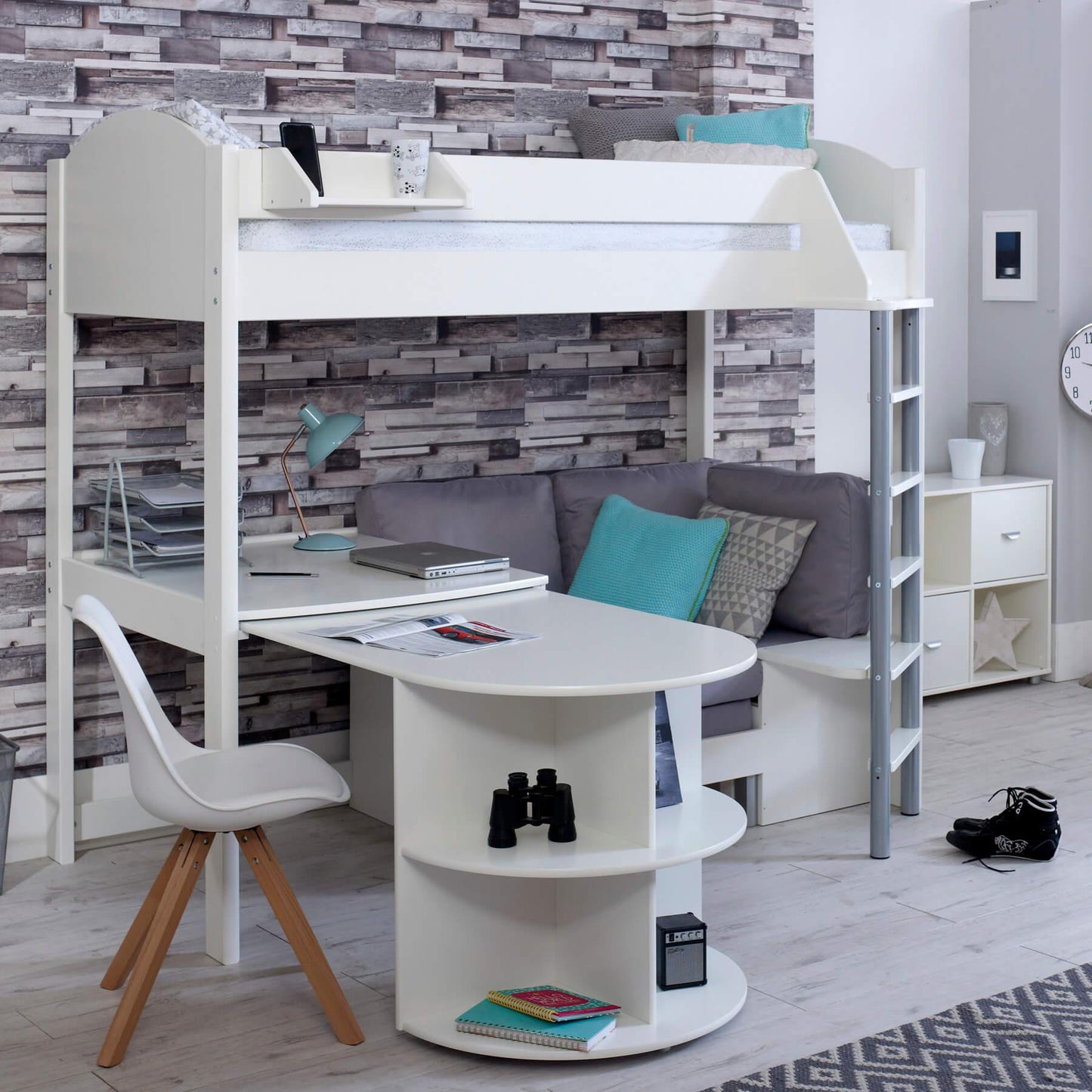 Noah High Sleeper Loft Bed with Chair Bed, Desk & Bookshelf - Millie & Jones