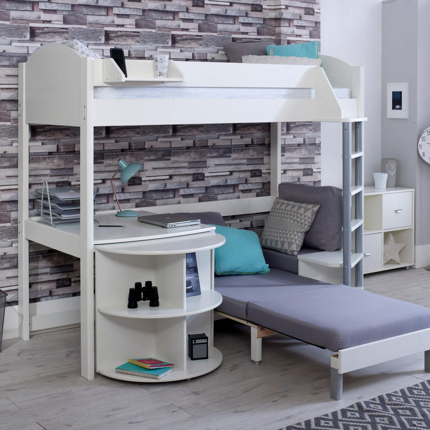 Noah High Sleeper Loft Bed with Chair Bed, Desk & Bookshelf - Millie & Jones