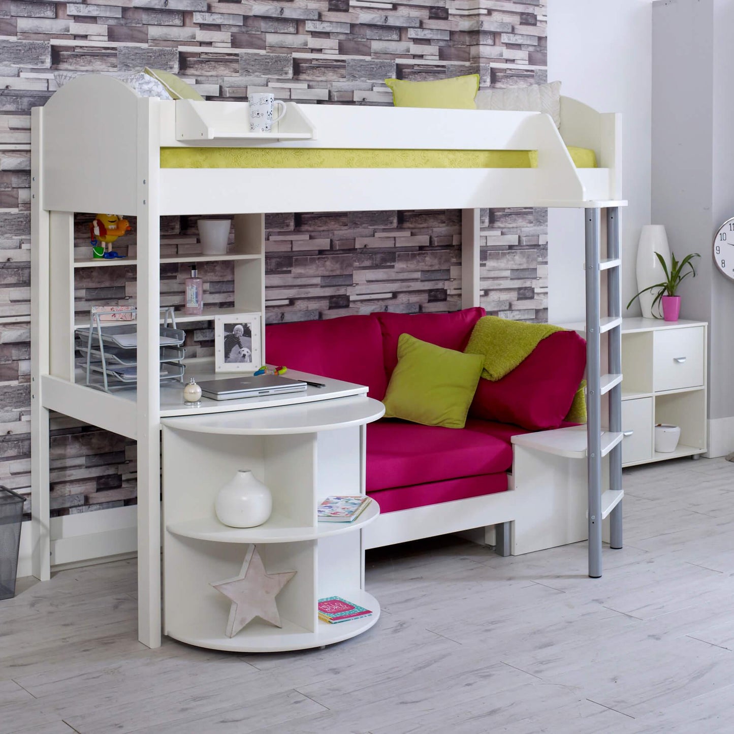 Noah High Sleeper Loft Bed with Chair Bed, Desk & Bookshelf - Millie & Jones