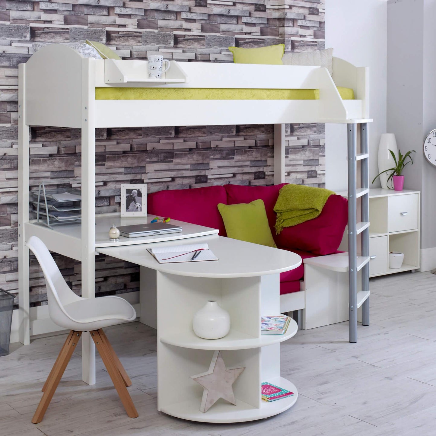 Noah High Sleeper Loft Bed with Chair Bed, Desk & Bookshelf - Millie & Jones