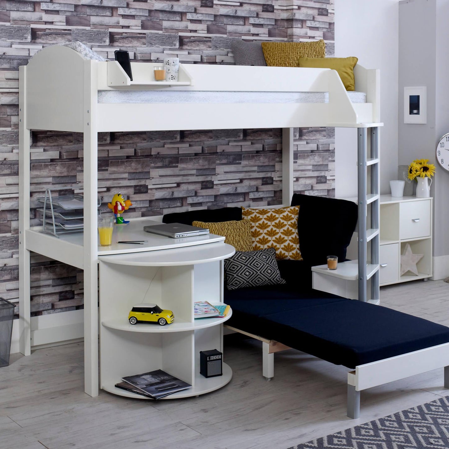 Noah High Sleeper Loft Bed with Chair Bed, Desk & Bookshelf - Millie & Jones
