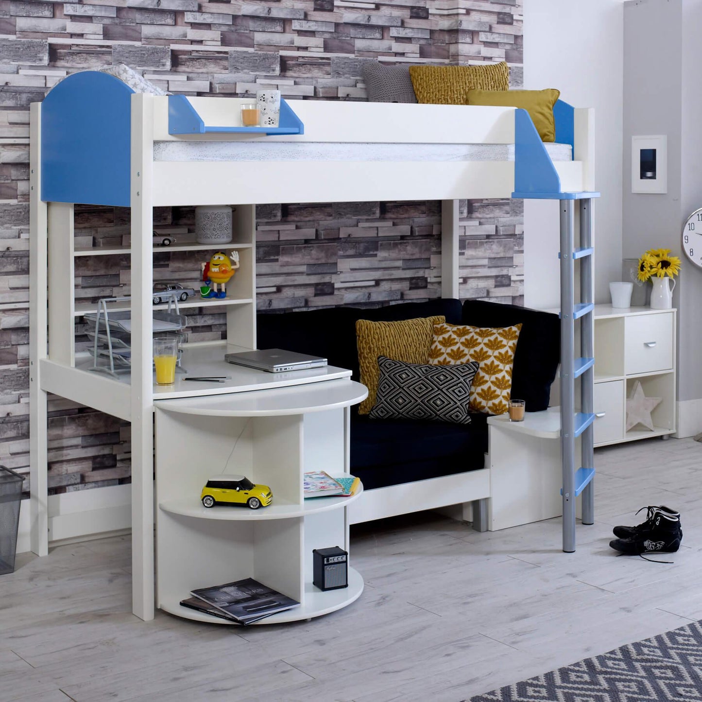 Noah High Sleeper Loft Bed with Chair Bed, Desk & Bookshelf - Millie & Jones