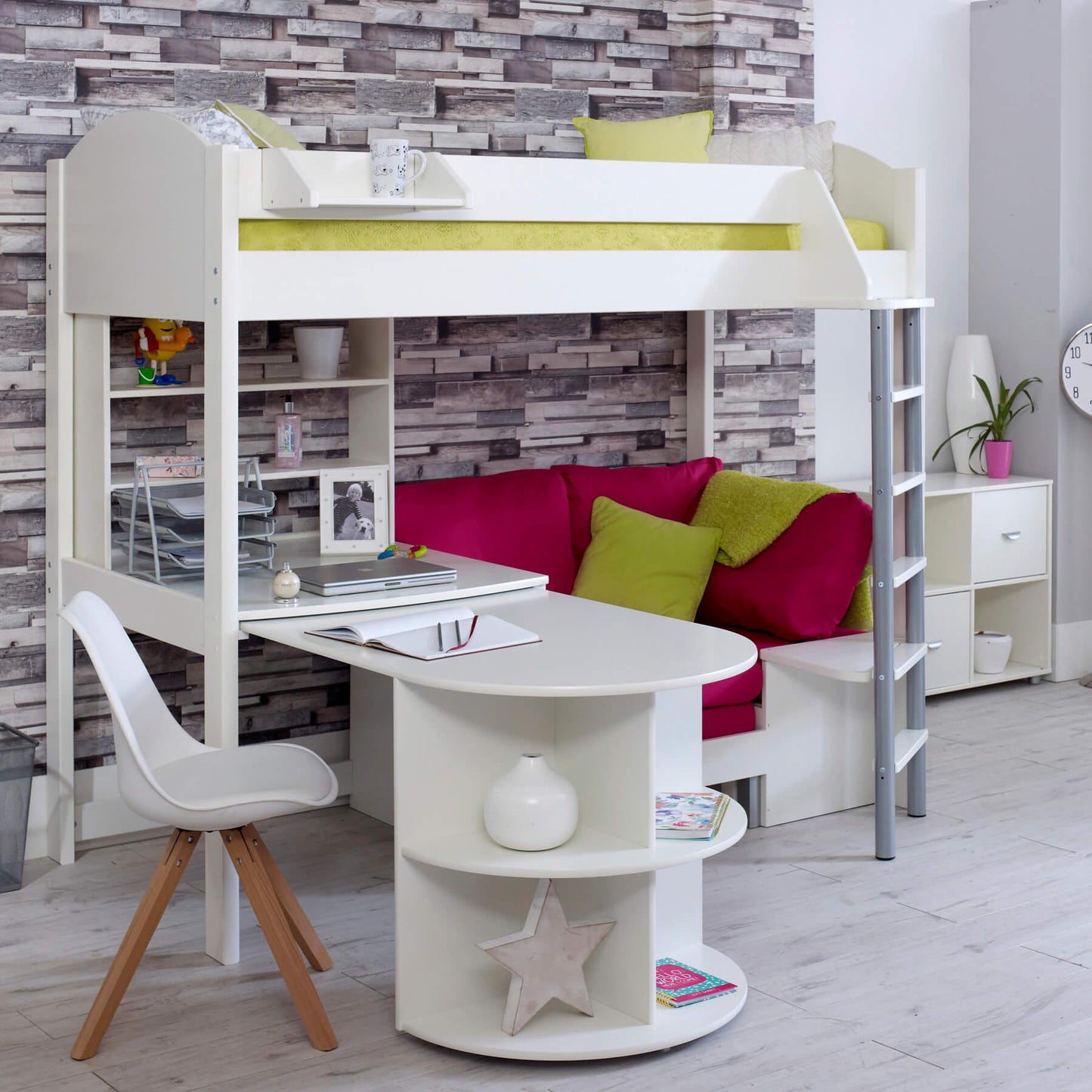 Noah High Sleeper Loft Bed with Chair Bed, Desk & Bookshelf - Millie & Jones