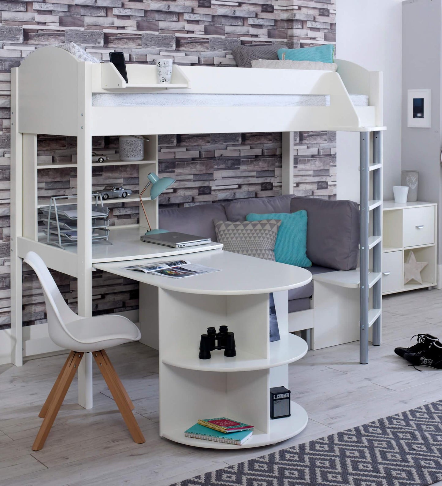 Noah High Sleeper Loft Bed with Chair Bed, Desk & Bookshelf - Millie & Jones