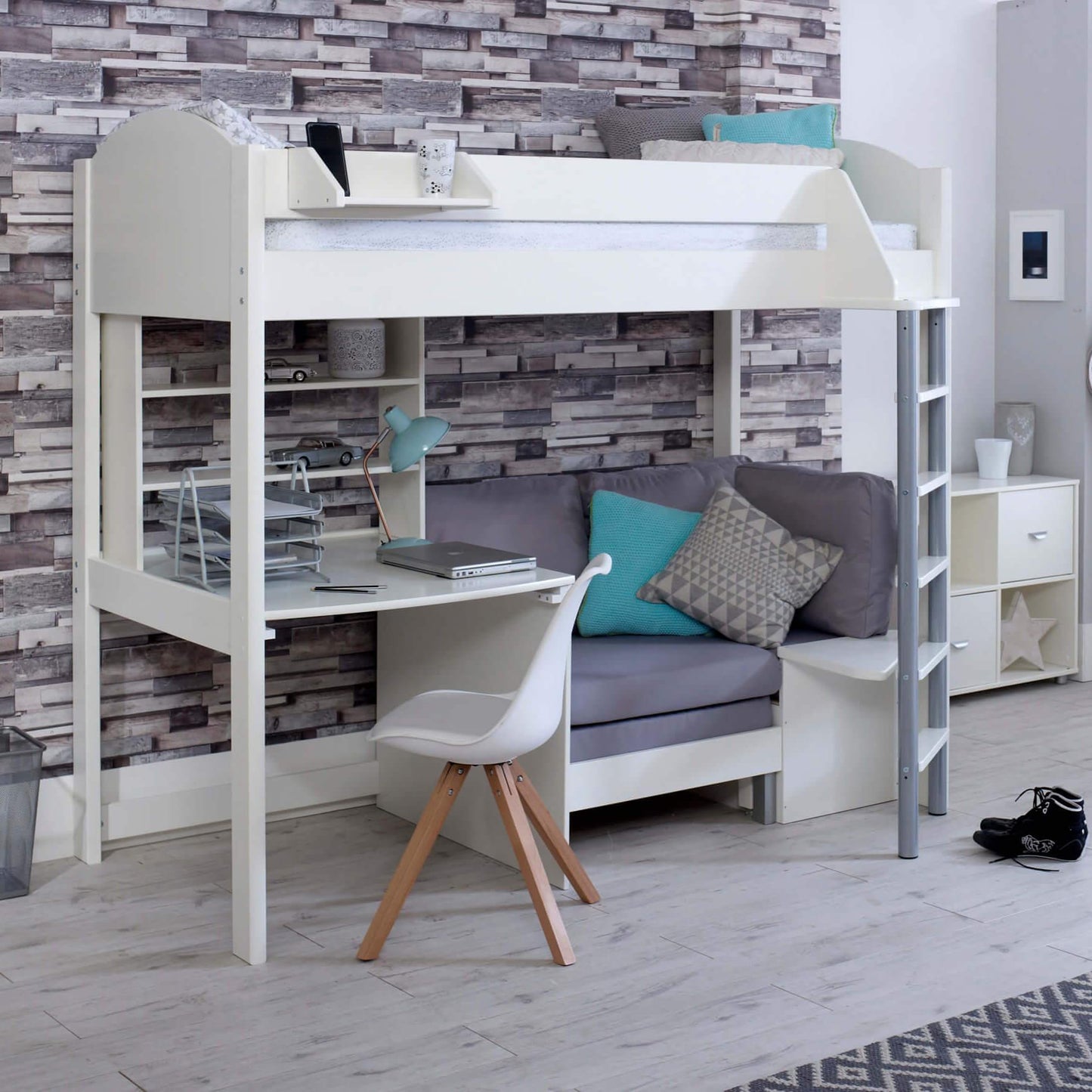 Noah High Sleeper Loft Bed with Chair Bed, Desk & Shelves - Millie & Jones