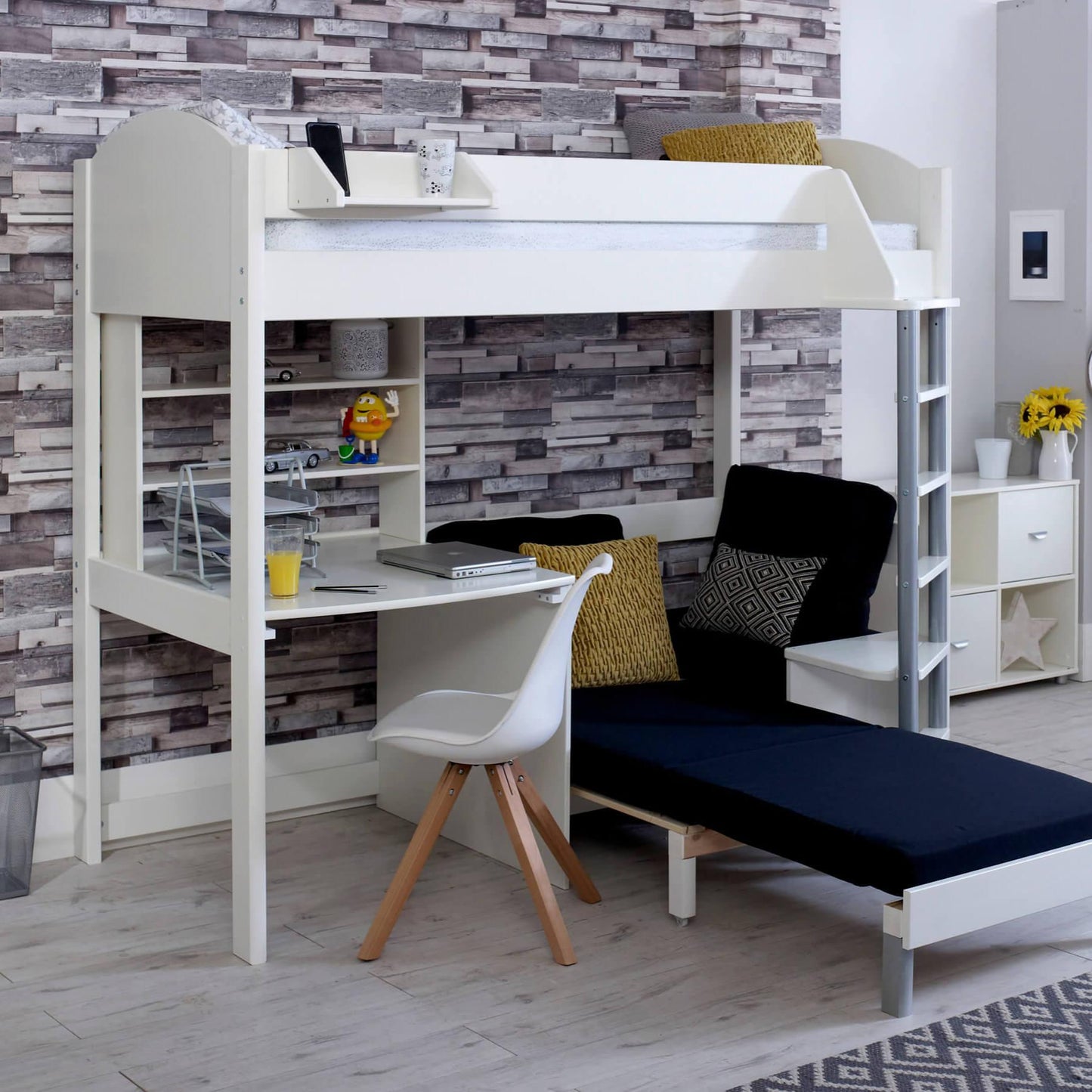 Noah High Sleeper Loft Bed with Chair Bed, Desk & Shelves - Millie & Jones