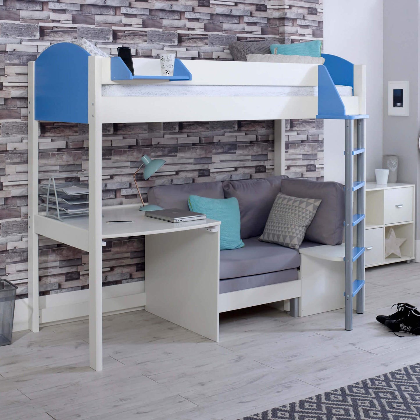 Noah High Sleeper Loft Bed with Chair Bed, Desk & Shelves - Millie & Jones