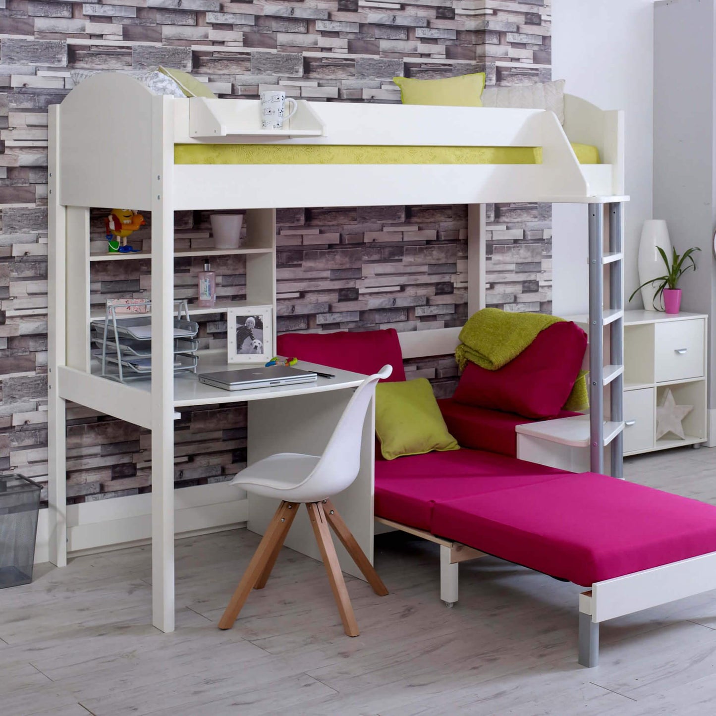 Noah High Sleeper Loft Bed with Chair Bed, Desk & Shelves - Millie & Jones