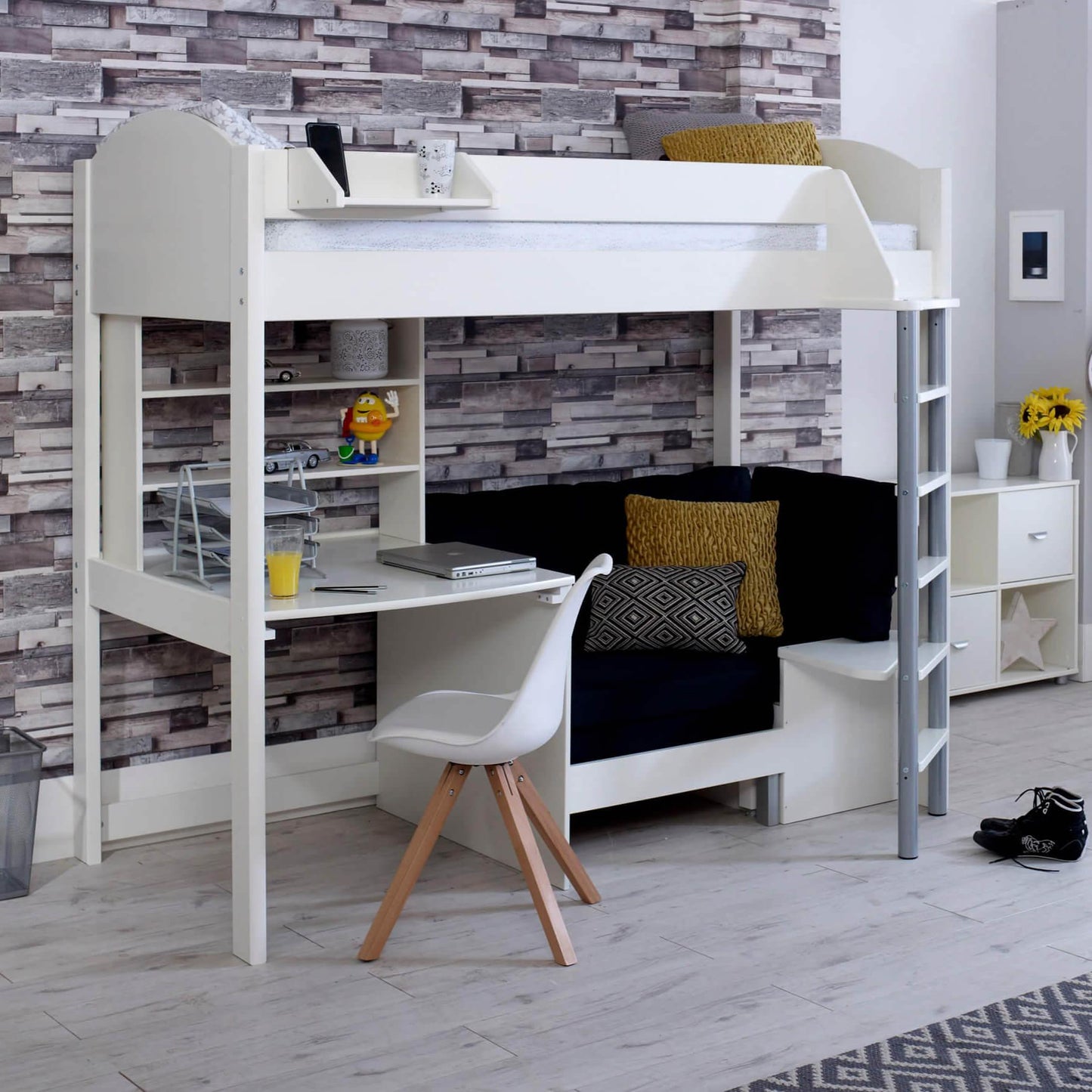 Noah High Sleeper Loft Bed with Chair Bed, Desk & Shelves - Millie & Jones