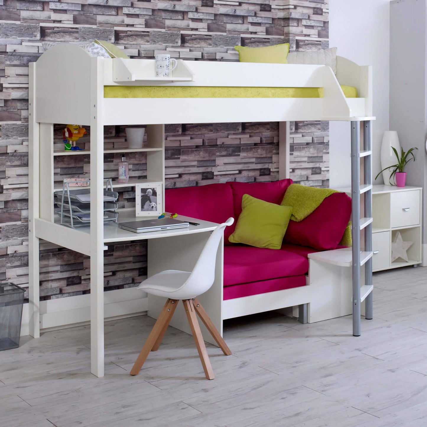 Noah High Sleeper Loft Bed with Chair Bed, Desk & Shelves - Millie & Jones