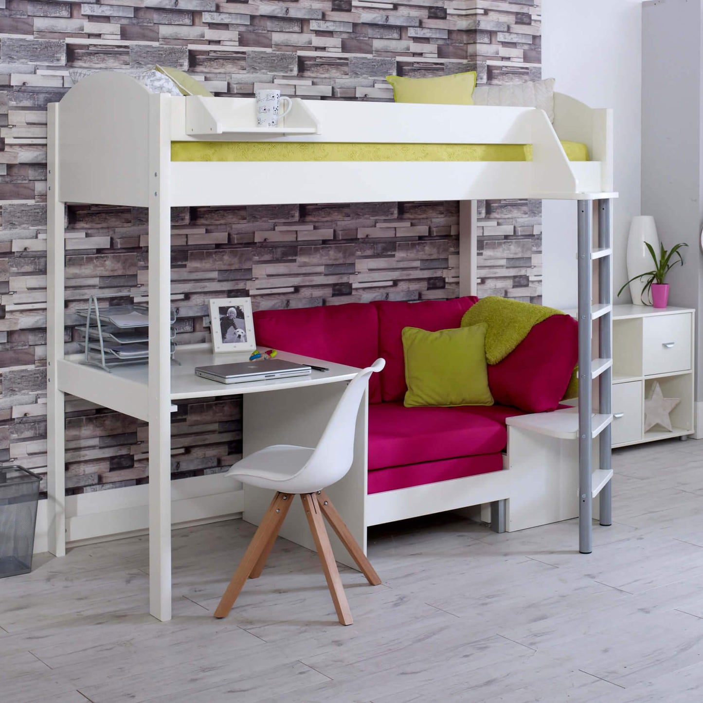Noah High Sleeper Loft Bed with Chair Bed, Desk & Shelves - Millie & Jones
