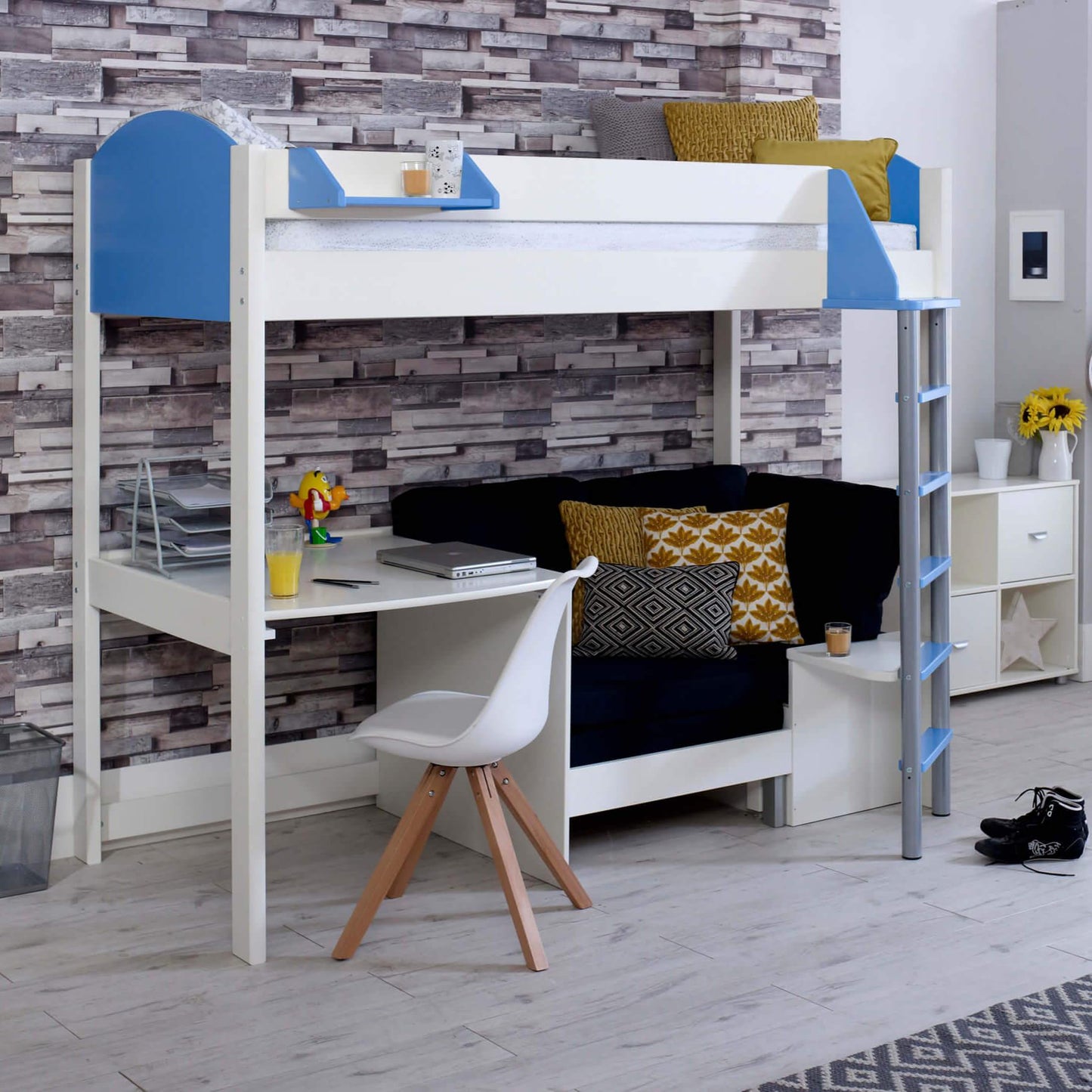 Noah High Sleeper Loft Bed with Chair Bed, Desk & Shelves - Millie & Jones