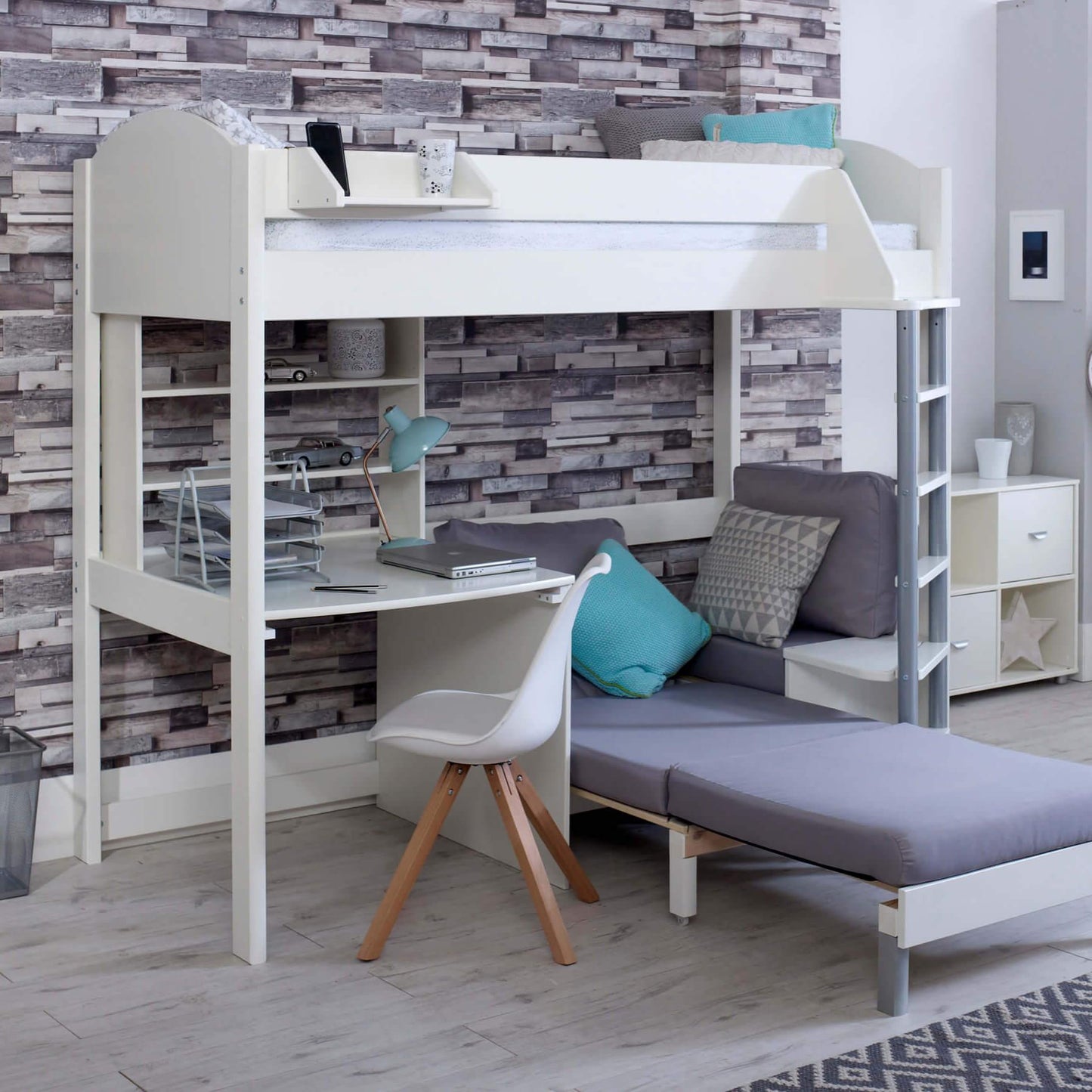 Noah High Sleeper Loft Bed with Chair Bed, Desk & Shelves - Millie & Jones