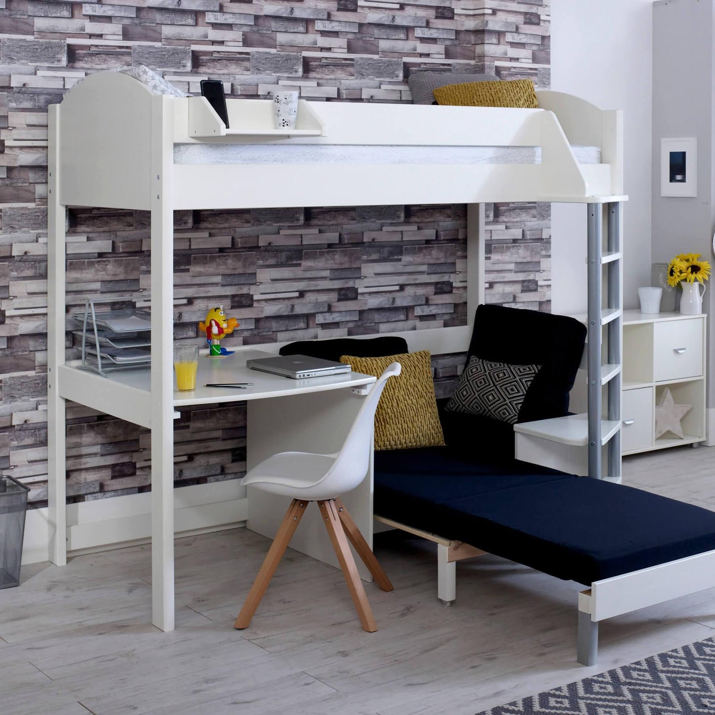 Noah High Sleeper Loft Bed with Chair Bed, Desk & Shelves - Millie & Jones