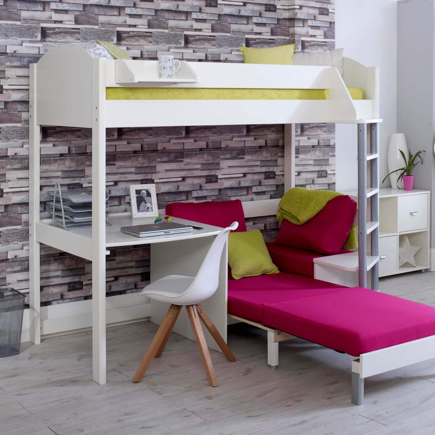 Noah High Sleeper Loft Bed with Chair Bed, Desk & Shelves - Millie & Jones