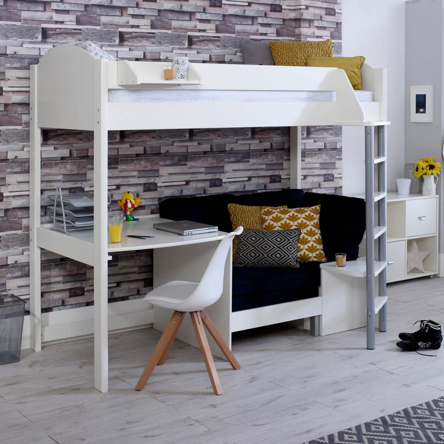 Noah High Sleeper Loft Bed with Chair Bed, Desk & Shelves - Millie & Jones