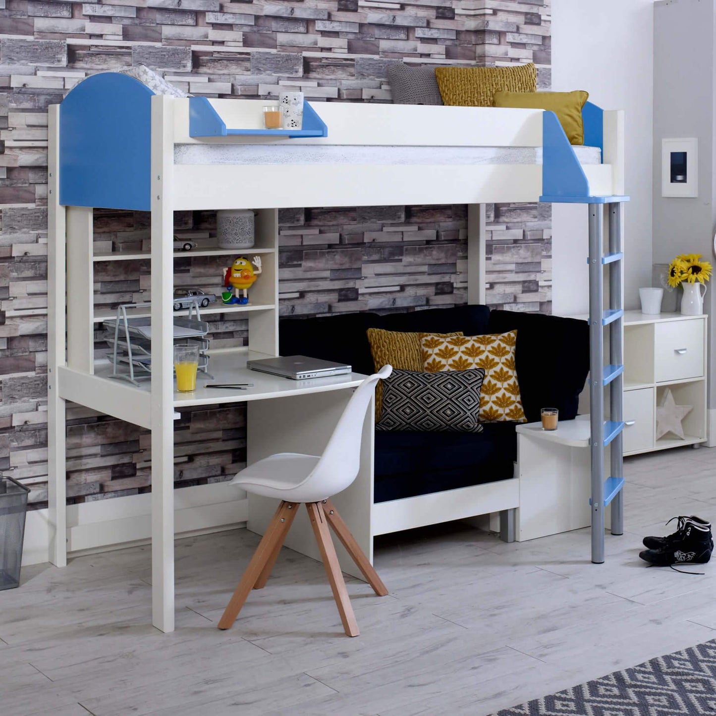 Noah High Sleeper Loft Bed with Chair Bed, Desk & Shelves - Millie & Jones