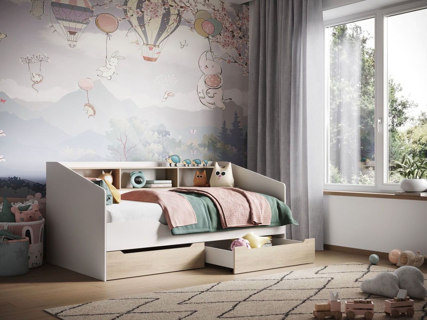 Leni White & Oak Day Bed with Shelves & Drawers