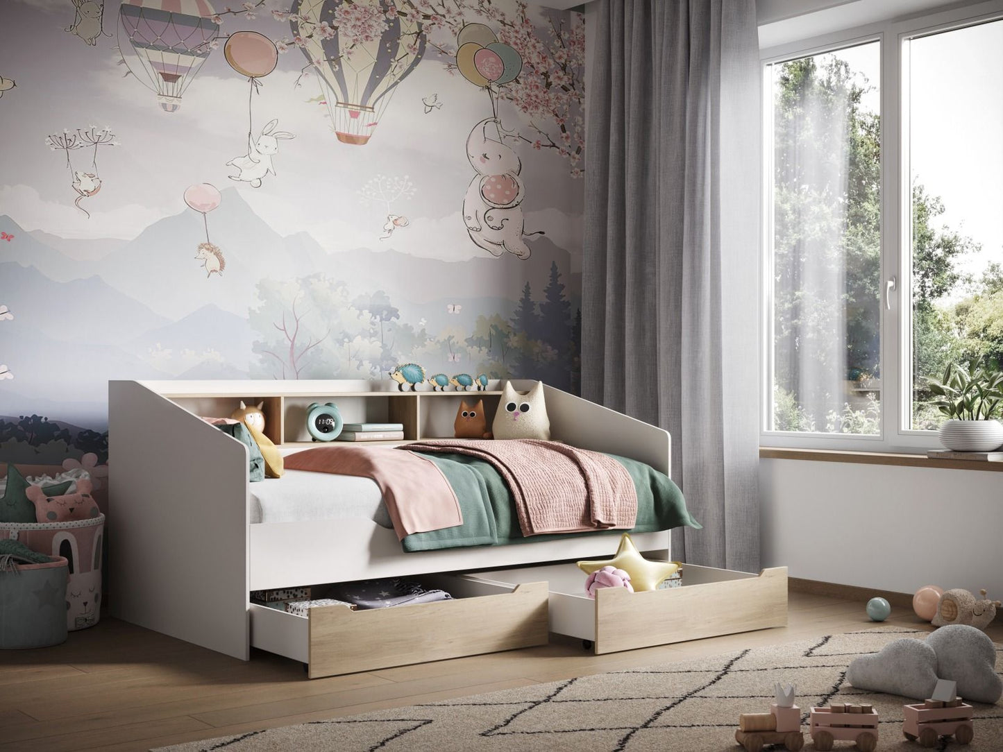 Leni White & Oak Day Bed with Shelves & Drawers