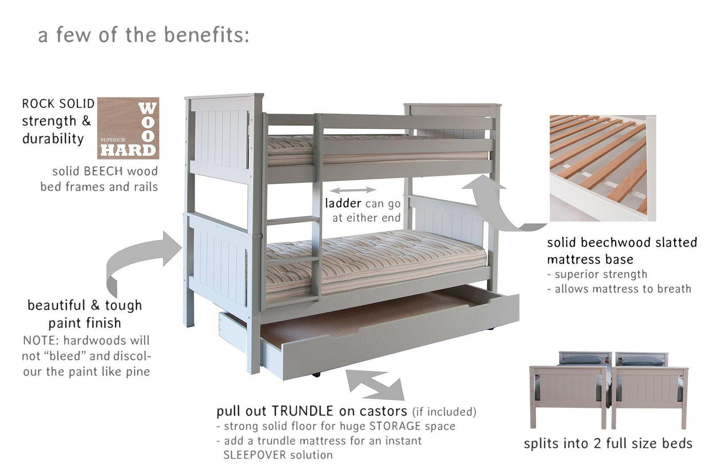 Classic Beech Detachable Bunk Beds with optional Trundle - Millie & Jones