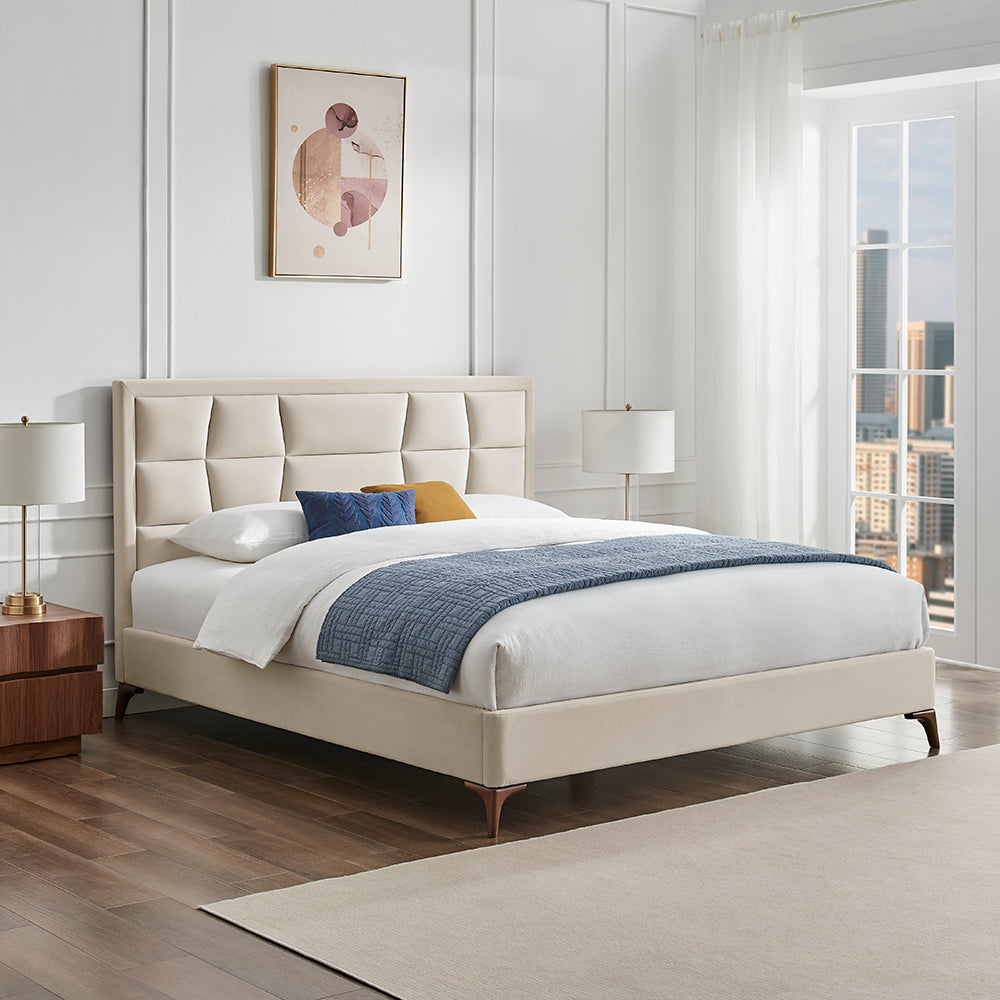 Marlowe Geometric Velvet Bed Frame in Natural – product view 1
