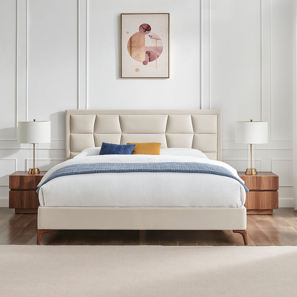 Marlowe Geometric Velvet Bed Frame in Natural – product view 2