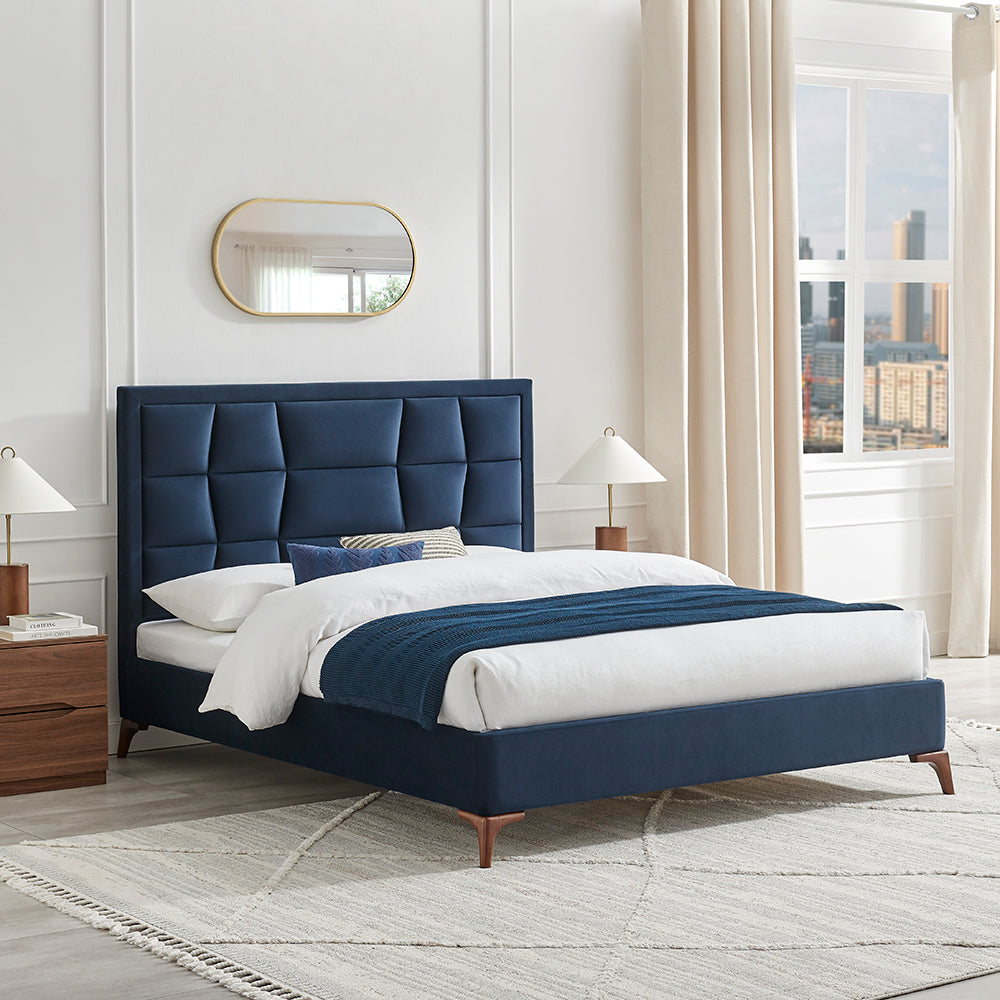Marlowe Geometric Velvet Bed Frame in Navy Blue – product view 7