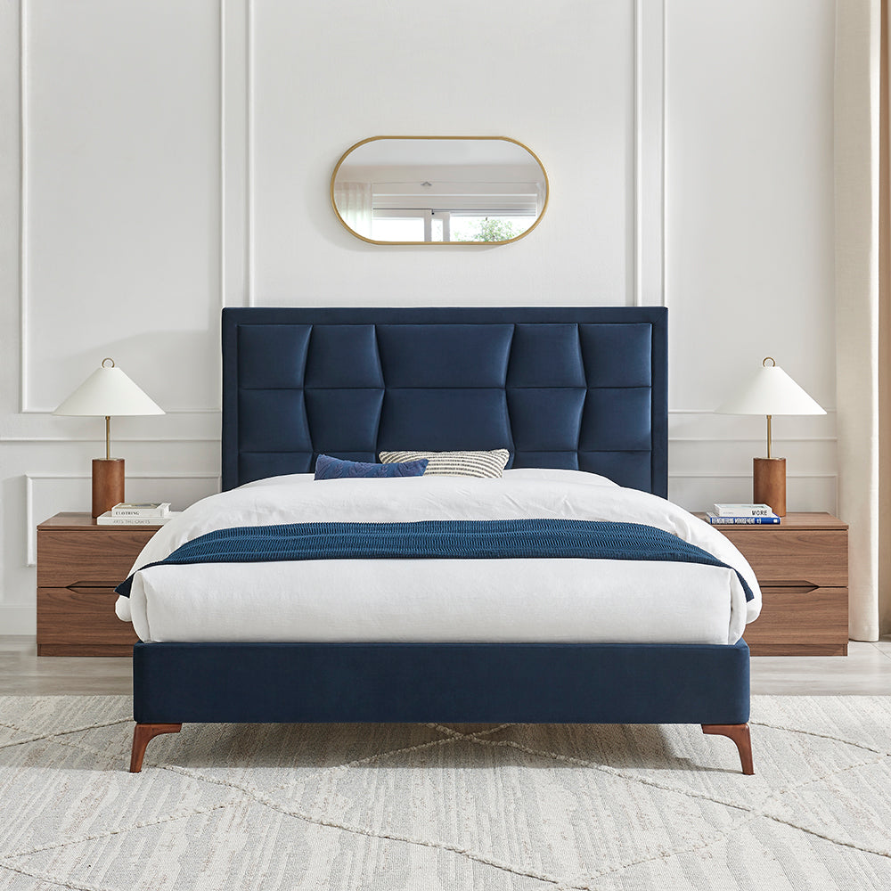 Marlowe Geometric Velvet Bed Frame in Navy Blue – product view 8